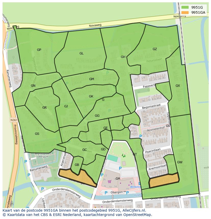Afbeelding van het postcodegebied 9951 GA op de kaart.