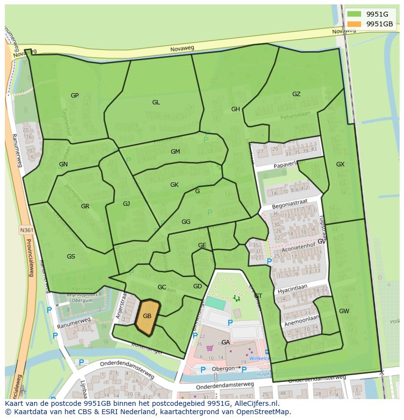 Afbeelding van het postcodegebied 9951 GB op de kaart.