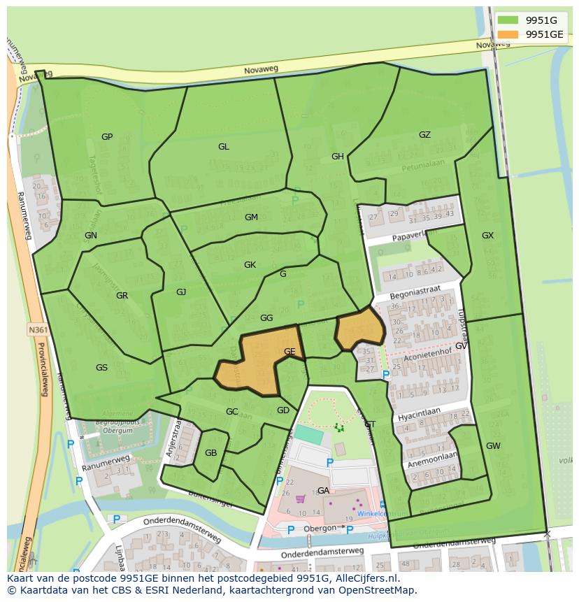 Afbeelding van het postcodegebied 9951 GE op de kaart.
