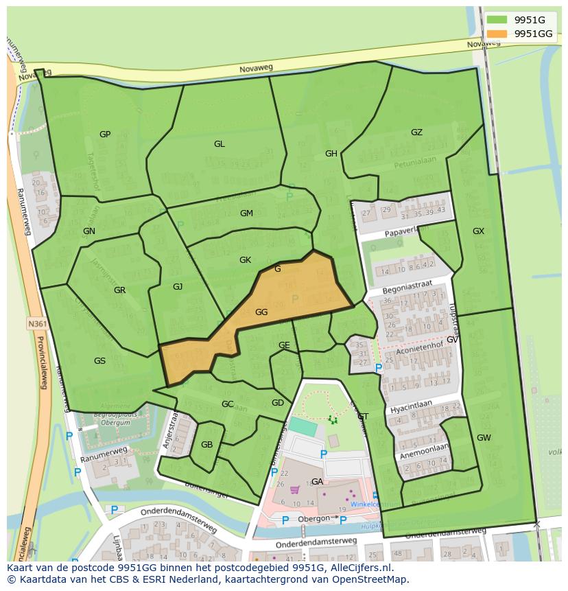 Afbeelding van het postcodegebied 9951 GG op de kaart.