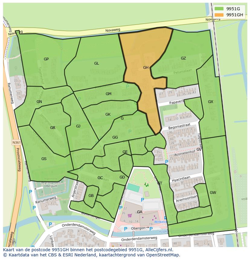 Afbeelding van het postcodegebied 9951 GH op de kaart.