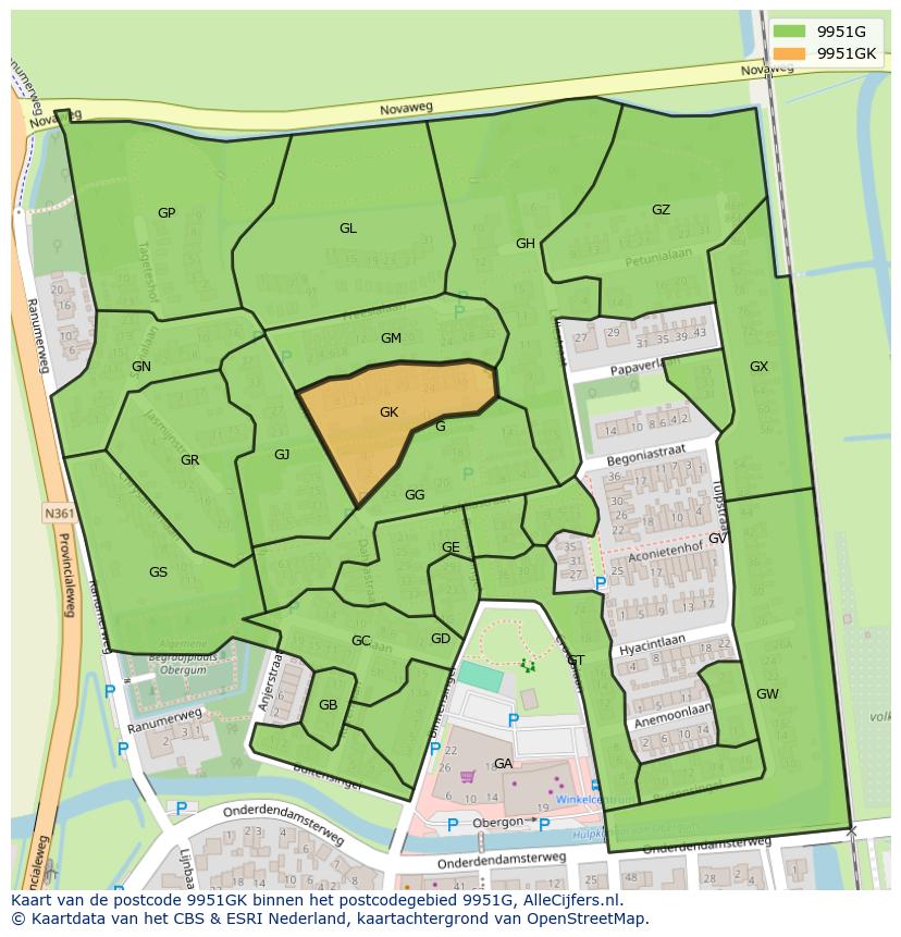 Afbeelding van het postcodegebied 9951 GK op de kaart.