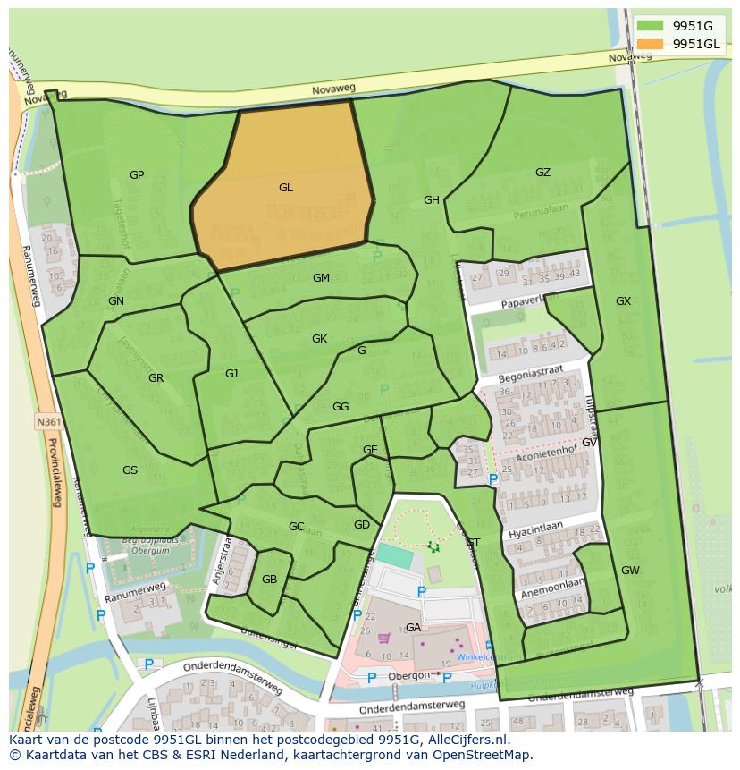 Afbeelding van het postcodegebied 9951 GL op de kaart.