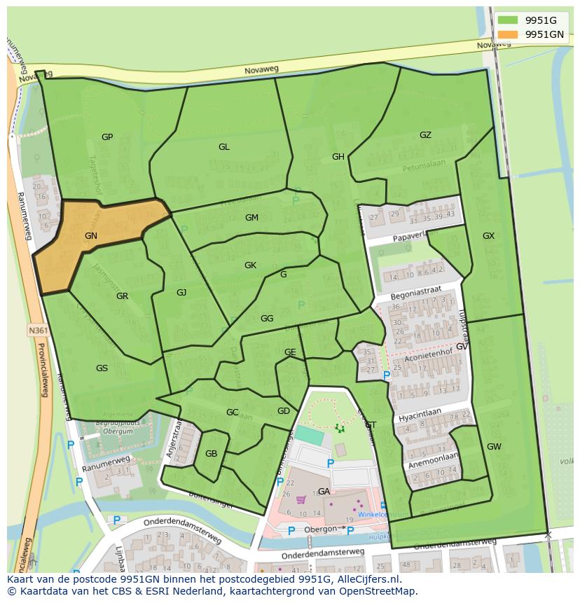 Afbeelding van het postcodegebied 9951 GN op de kaart.