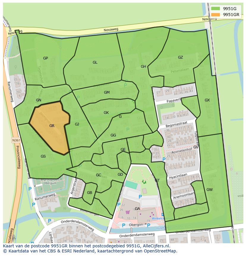Afbeelding van het postcodegebied 9951 GR op de kaart.