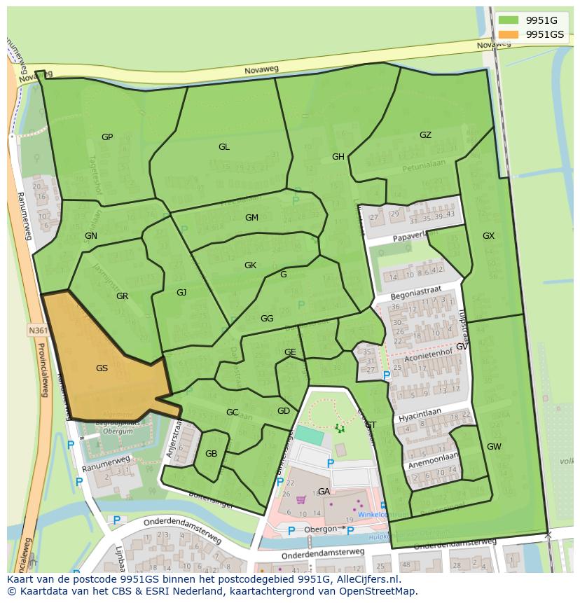 Afbeelding van het postcodegebied 9951 GS op de kaart.