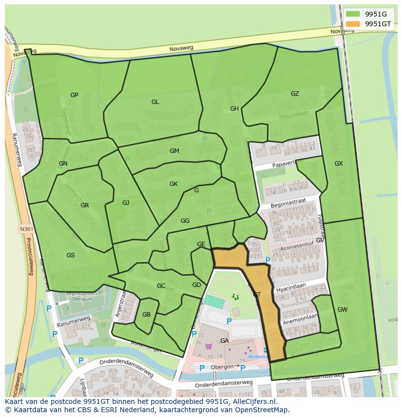 Afbeelding van het postcodegebied 9951 GT op de kaart.
