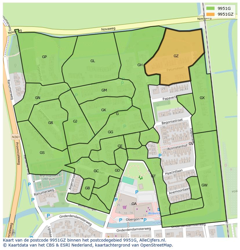Afbeelding van het postcodegebied 9951 GZ op de kaart.