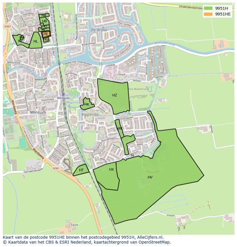 Afbeelding van het postcodegebied 9951 HE op de kaart.