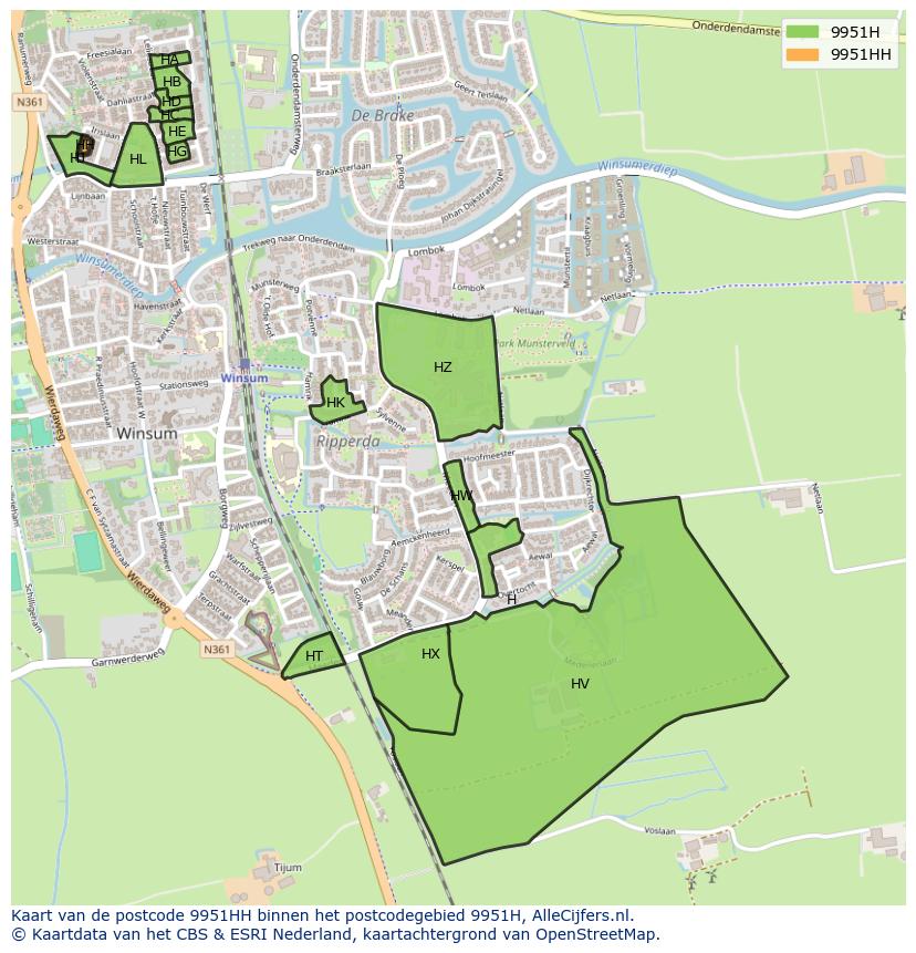 Afbeelding van het postcodegebied 9951 HH op de kaart.