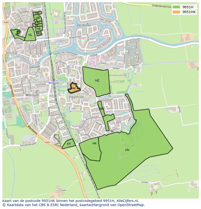 Afbeelding van het postcodegebied 9951 HK op de kaart.