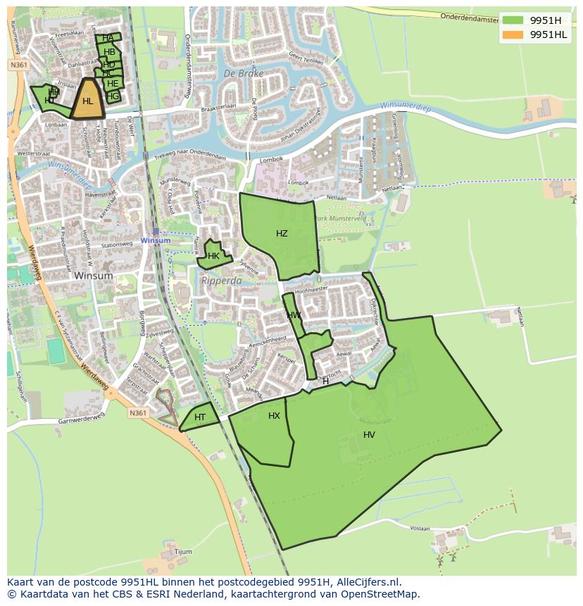 Afbeelding van het postcodegebied 9951 HL op de kaart.