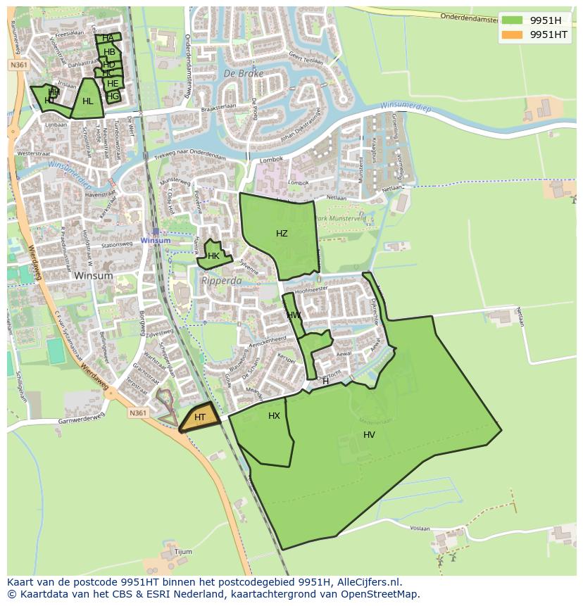 Afbeelding van het postcodegebied 9951 HT op de kaart.