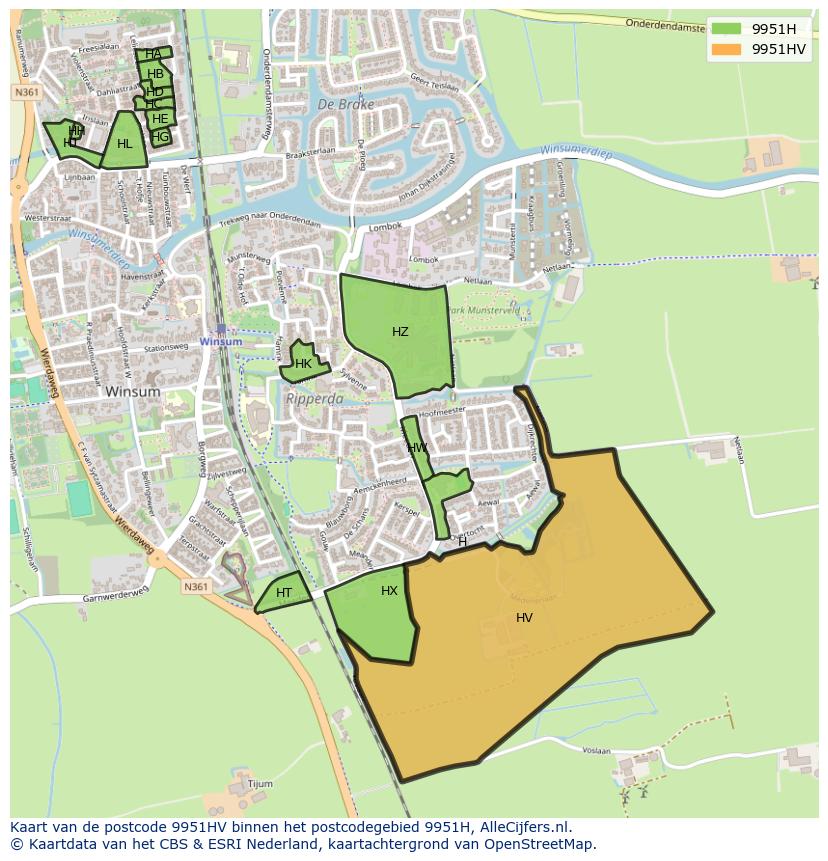 Afbeelding van het postcodegebied 9951 HV op de kaart.
