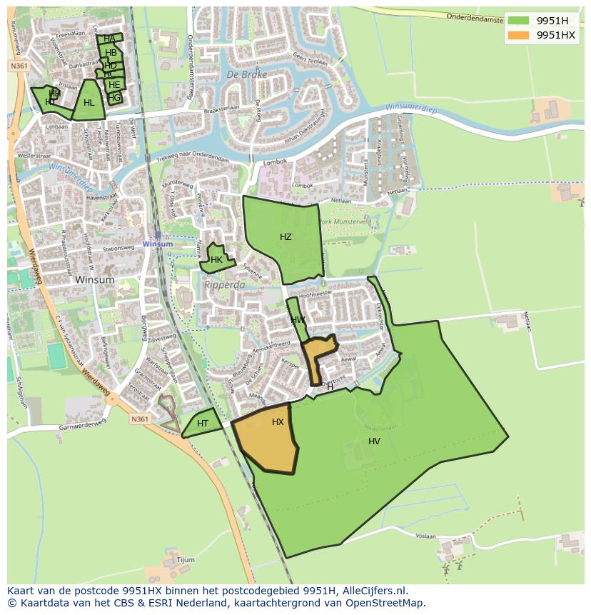 Afbeelding van het postcodegebied 9951 HX op de kaart.