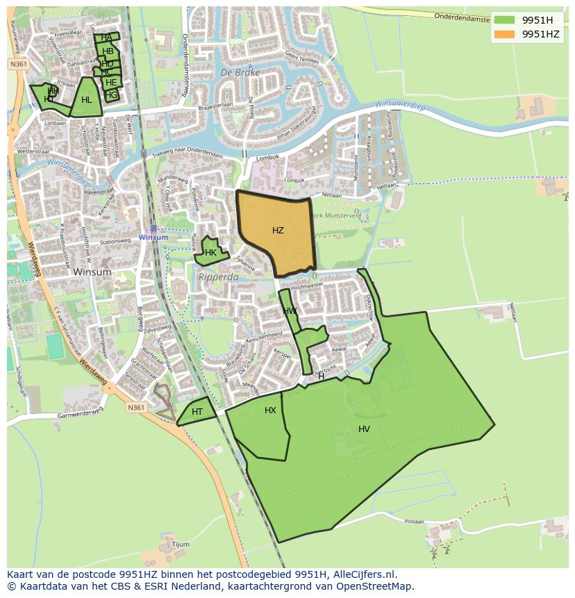 Afbeelding van het postcodegebied 9951 HZ op de kaart.