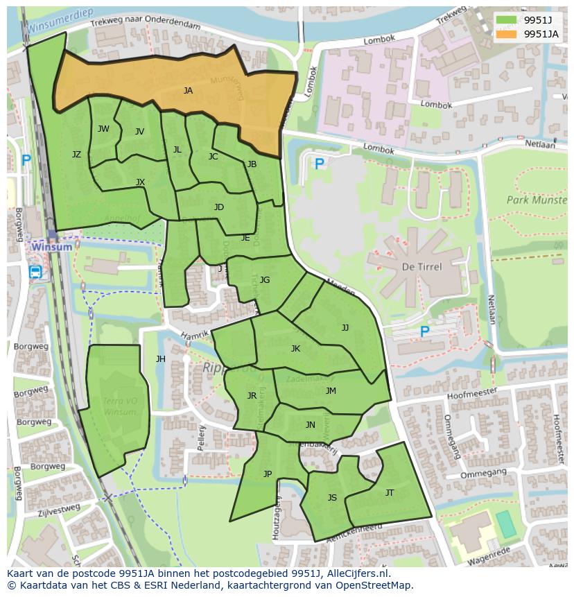Afbeelding van het postcodegebied 9951 JA op de kaart.
