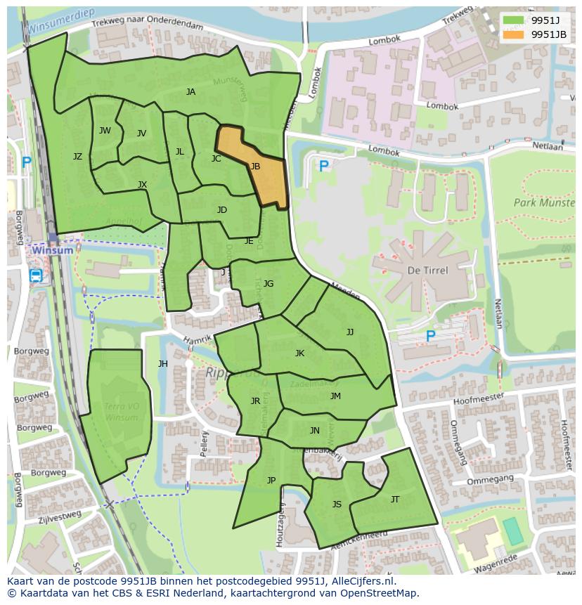 Afbeelding van het postcodegebied 9951 JB op de kaart.