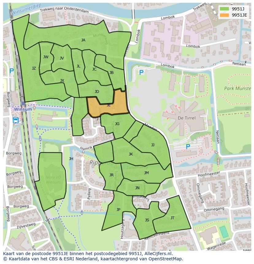 Afbeelding van het postcodegebied 9951 JE op de kaart.