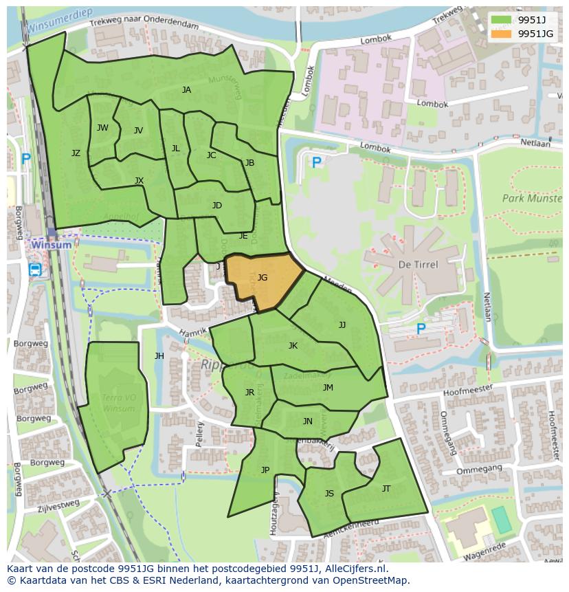 Afbeelding van het postcodegebied 9951 JG op de kaart.