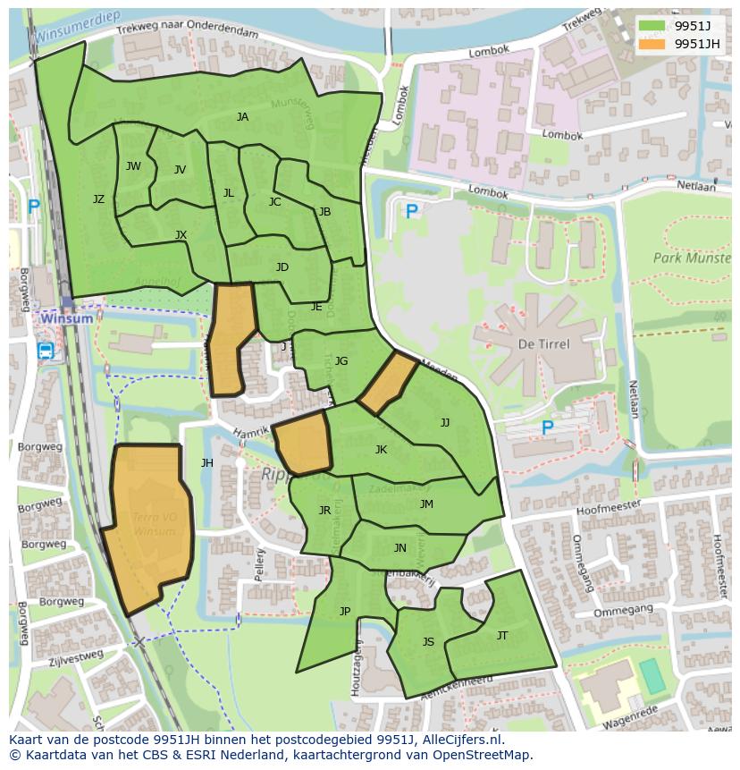 Afbeelding van het postcodegebied 9951 JH op de kaart.