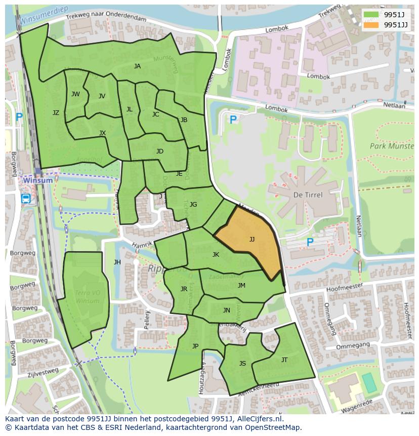 Afbeelding van het postcodegebied 9951 JJ op de kaart.