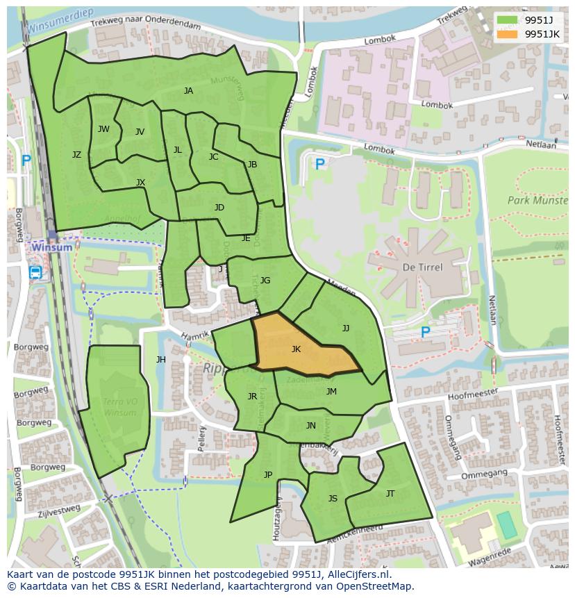 Afbeelding van het postcodegebied 9951 JK op de kaart.