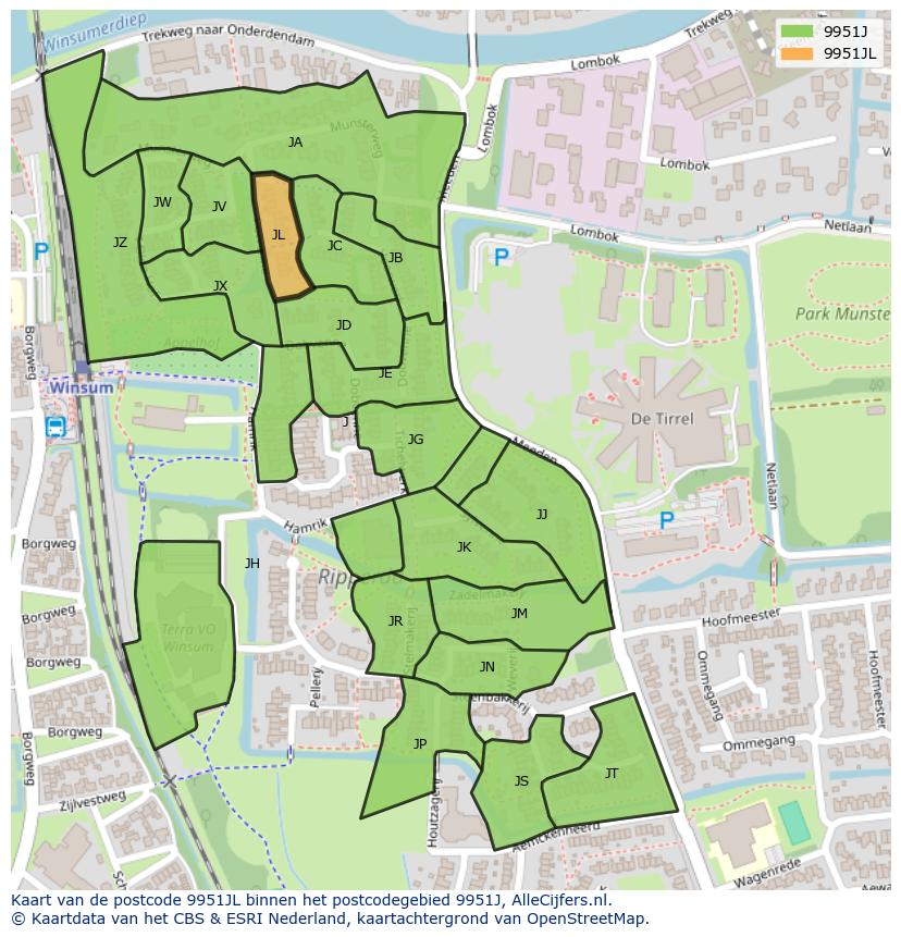 Afbeelding van het postcodegebied 9951 JL op de kaart.