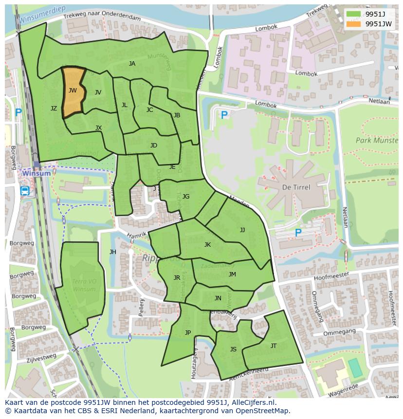 Afbeelding van het postcodegebied 9951 JW op de kaart.