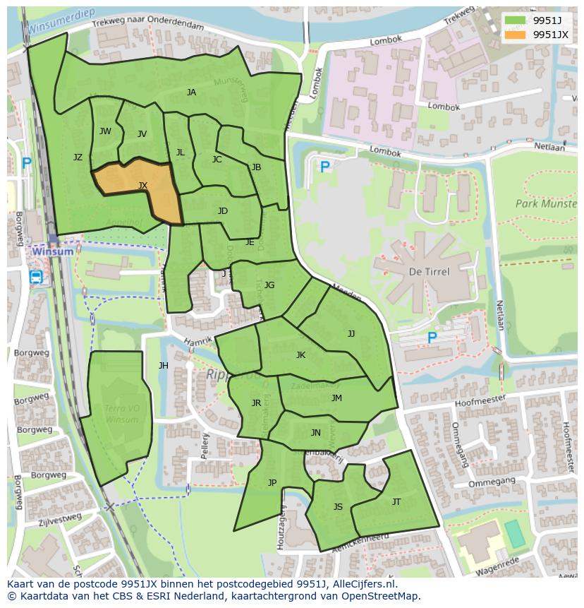 Afbeelding van het postcodegebied 9951 JX op de kaart.