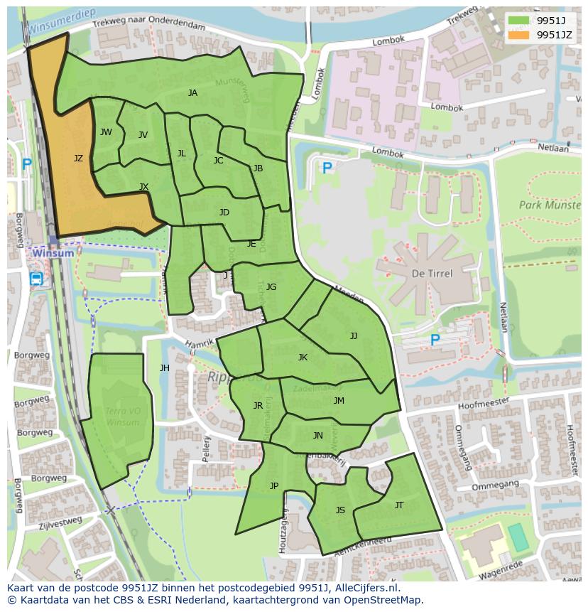 Afbeelding van het postcodegebied 9951 JZ op de kaart.