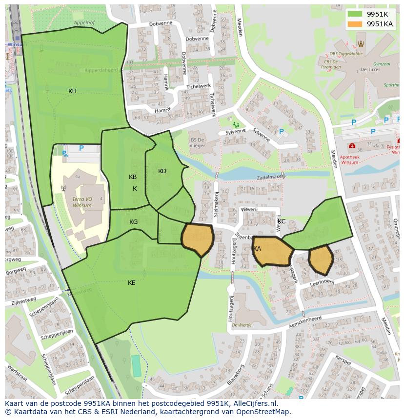 Afbeelding van het postcodegebied 9951 KA op de kaart.