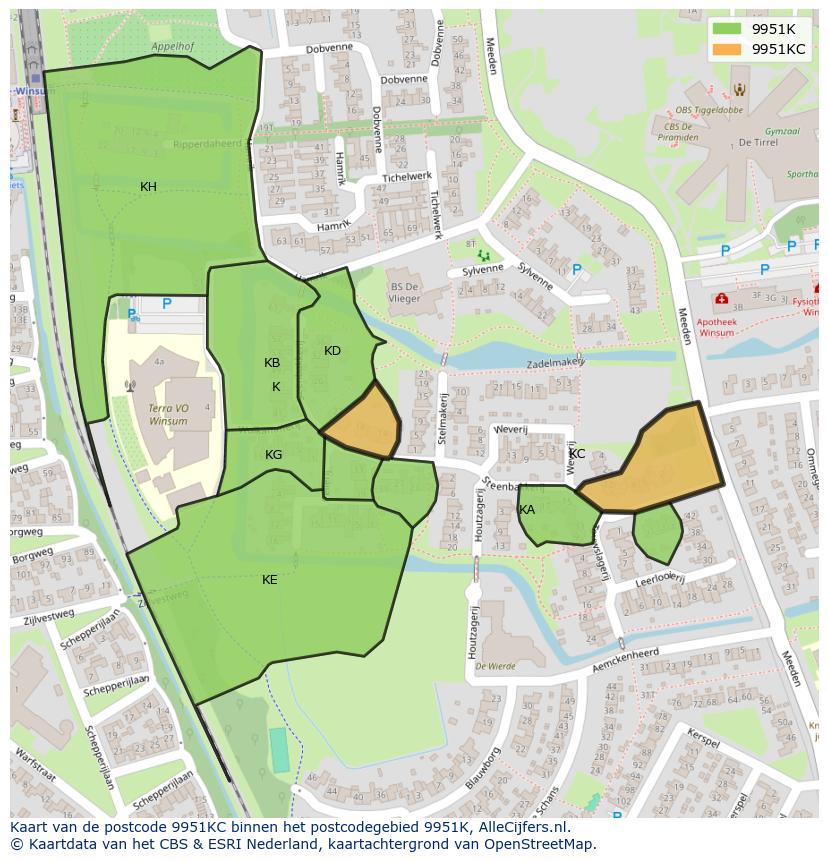 Afbeelding van het postcodegebied 9951 KC op de kaart.