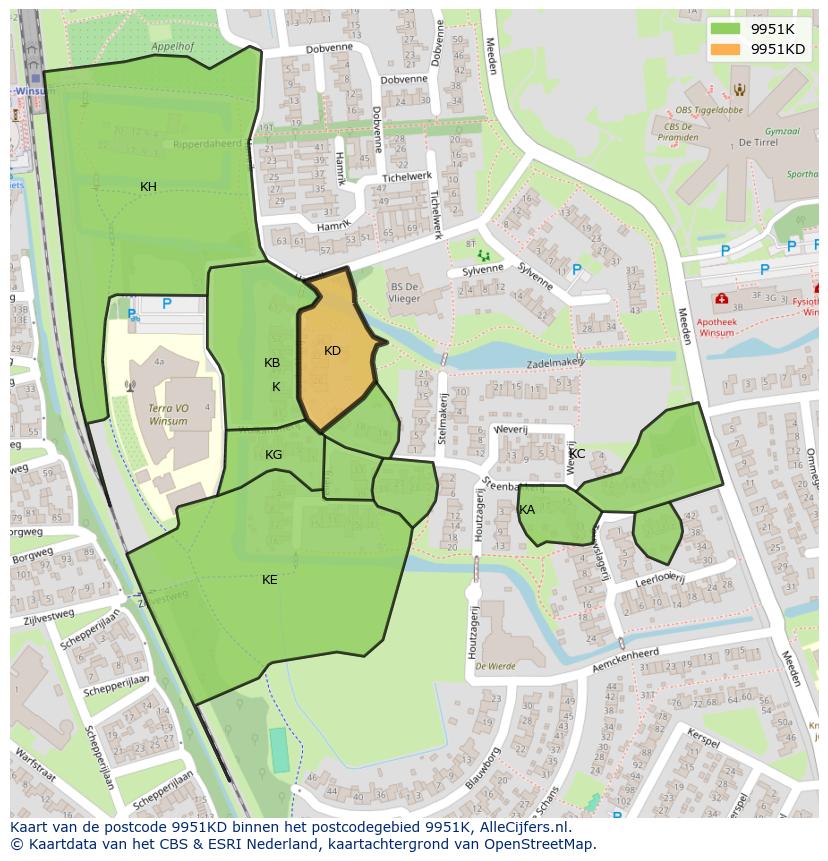 Afbeelding van het postcodegebied 9951 KD op de kaart.