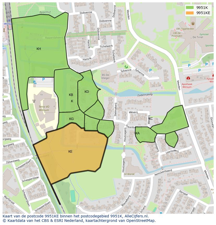 Afbeelding van het postcodegebied 9951 KE op de kaart.