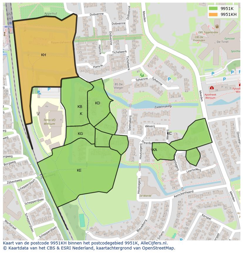Afbeelding van het postcodegebied 9951 KH op de kaart.