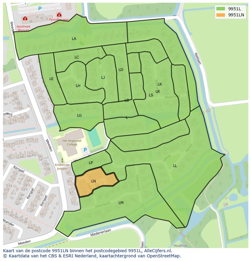 Afbeelding van het postcodegebied 9951 LN op de kaart.