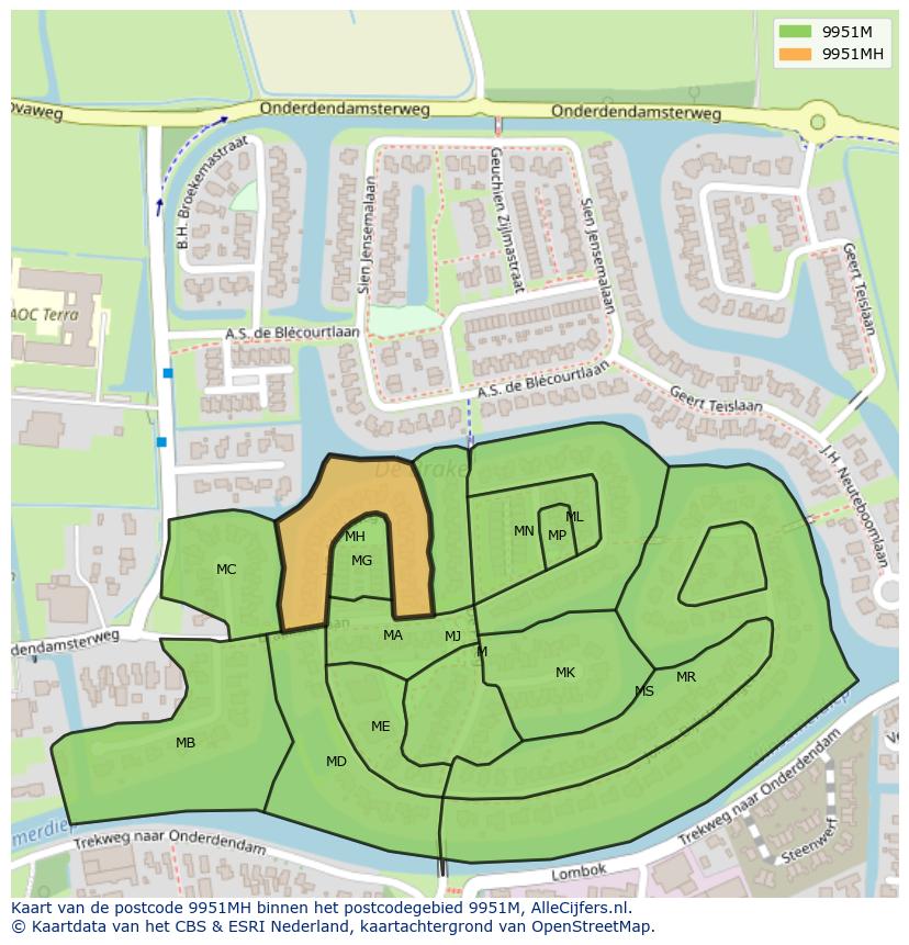 Afbeelding van het postcodegebied 9951 MH op de kaart.