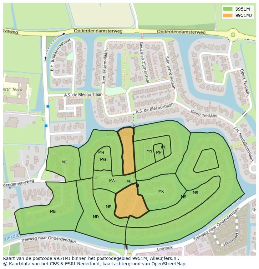 Afbeelding van het postcodegebied 9951 MJ op de kaart.