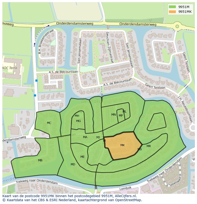 Afbeelding van het postcodegebied 9951 MK op de kaart.