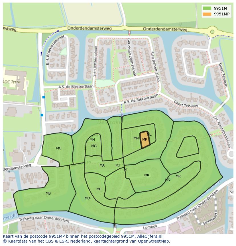Afbeelding van het postcodegebied 9951 MP op de kaart.