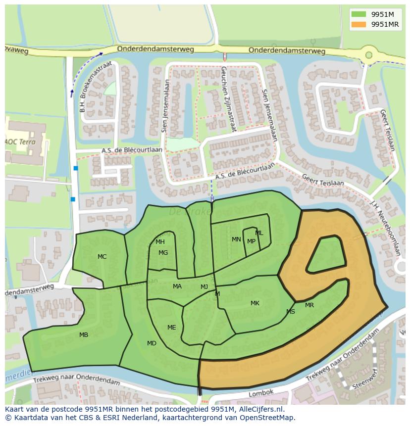 Afbeelding van het postcodegebied 9951 MR op de kaart.