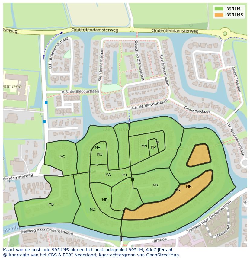 Afbeelding van het postcodegebied 9951 MS op de kaart.