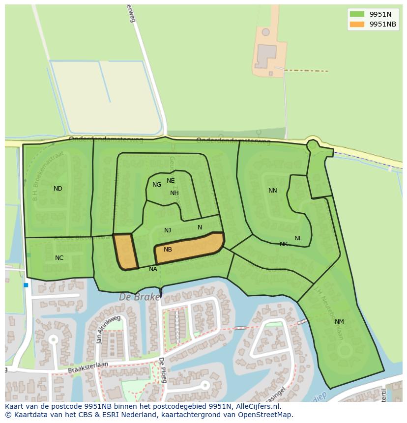 Afbeelding van het postcodegebied 9951 NB op de kaart.