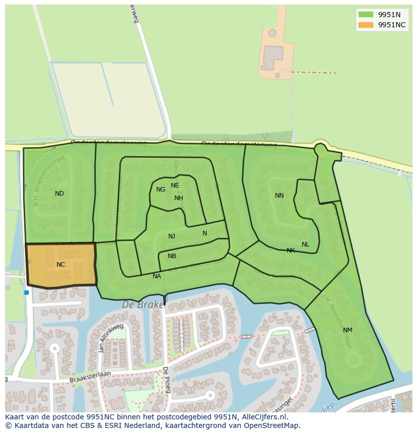 Afbeelding van het postcodegebied 9951 NC op de kaart.