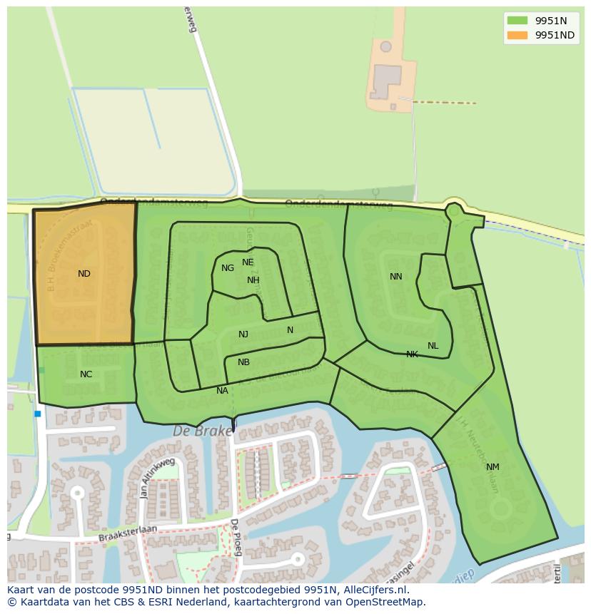 Afbeelding van het postcodegebied 9951 ND op de kaart.