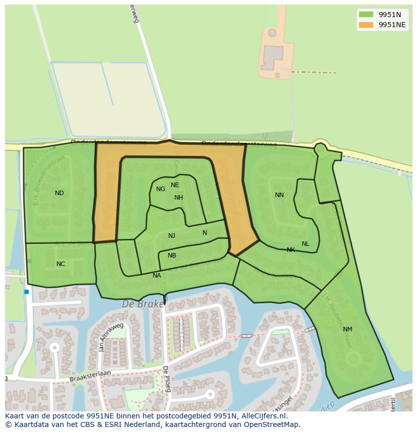 Afbeelding van het postcodegebied 9951 NE op de kaart.