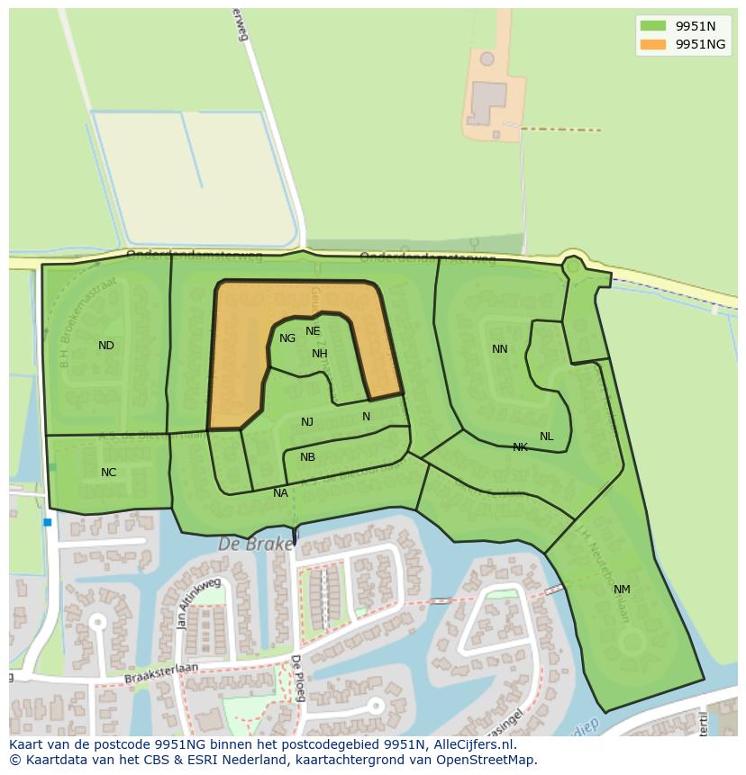 Afbeelding van het postcodegebied 9951 NG op de kaart.