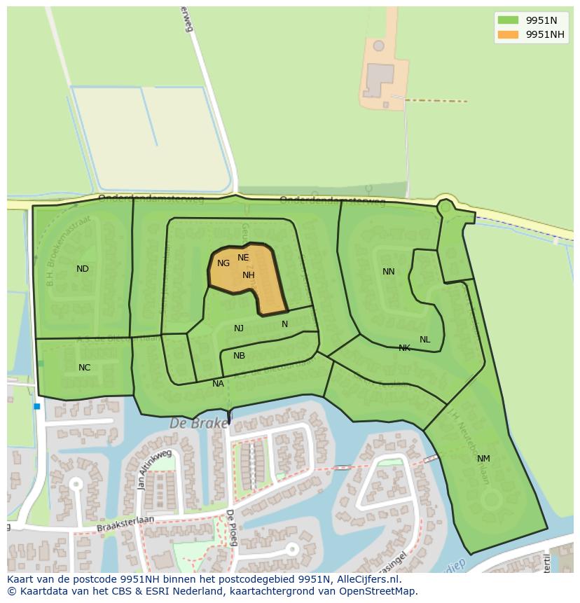 Afbeelding van het postcodegebied 9951 NH op de kaart.