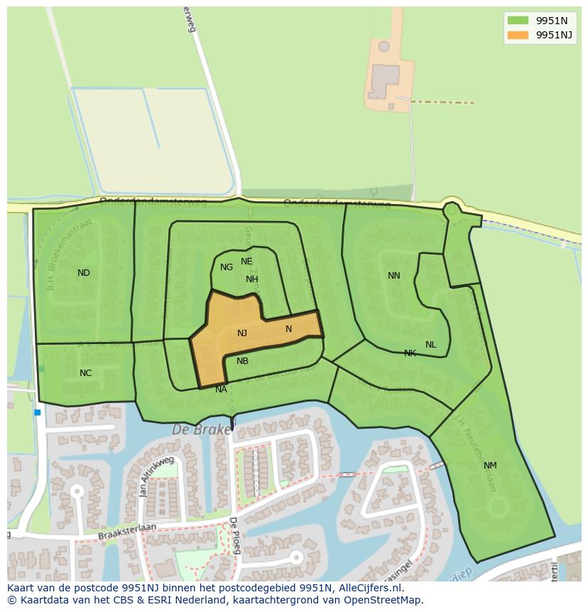 Afbeelding van het postcodegebied 9951 NJ op de kaart.